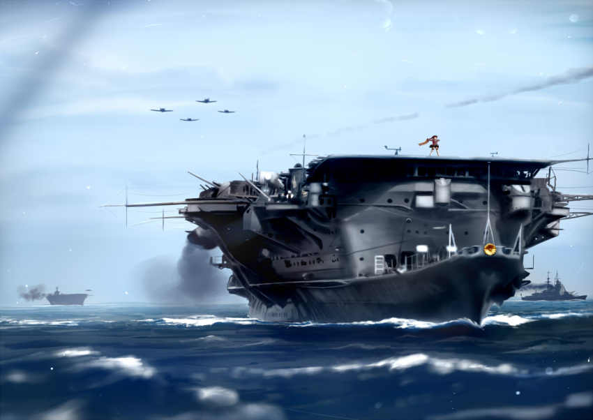 1girl aircraft_carrier airplane chipika imperial_japanese_navy kantai_collection monochrome ocean outstretched_arms photo_(object) ryuujou_(aircraft_carrier) ryuujou_(kantai_collection) sky smoke solo water world_war_ii
