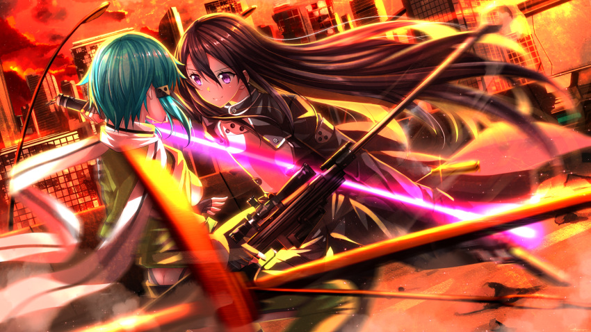 1boy 1girl anti-materiel_rifle black_hair blue_hair breastplate bullet butt_crack cityscape energy_sword gun highres kirito kirito_(sao-ggo) lightsaber long_hair motion_blur rifle shinon_(sao) short_hair smile sniper_rifle sword sword_art_online swordsouls tagme violet_eyes weapon