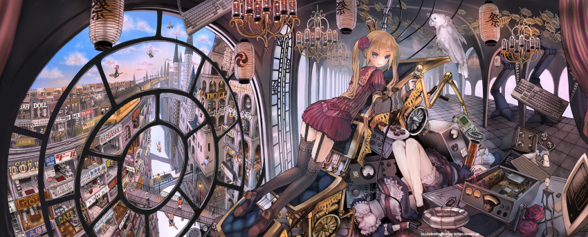 6+girls apron artist_name bird blonde_hair blue_eyes bridge broom broom_riding brown_hair chair chandelier city clouds cockatoo computer_keyboard engine fantasy fish flower flying food garter_straps hair_flower hair_ornament highres john_hathway lace lace-trimmed_skirt lace-trimmed_thighhighs lantern lightbulb lights lolita_fashion long_hair looking_at_viewer maid_apron multiple_girls original paper_lantern pleated_skirt puffy_sleeves radio railroad_tracks road robot scenery short_hair skirt sky street thigh-highs train twintails window