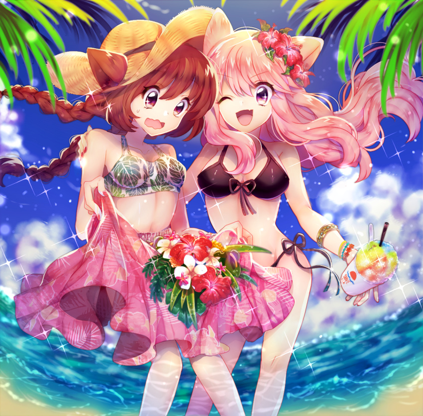 2girls :d animal_ears arm_around_shoulder bangle bare_shoulders beach bikini bouquet bow bracelet braid breasts brown_eyes brown_hair cat_ears clouds collarbone fang flower front-tie_top hair_flower hair_ornament happy hat highres jewelry kawachi_rin long_hair multiple_girls nail_polish navel ocean one_eye_closed open_mouth original outdoors pink_hair print_bikini shaved_ice side-tie_bikini skirt skirt_basket sky smile sparkle straw_hat swimsuit tagme twin_braids violet_eyes water wavy_mouth wind