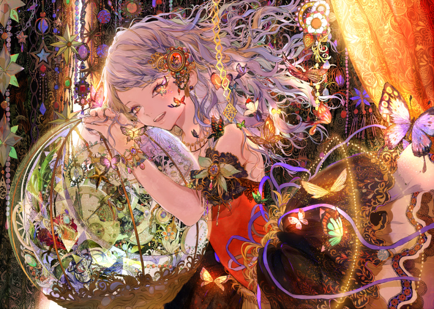 1girl armband bare_shoulders butterfly dress flower globe hair_ornament long_hair open_mouth original ornate silver_hair smile solo star tsukioka_tsukiho wavy_hair yellow_eyes