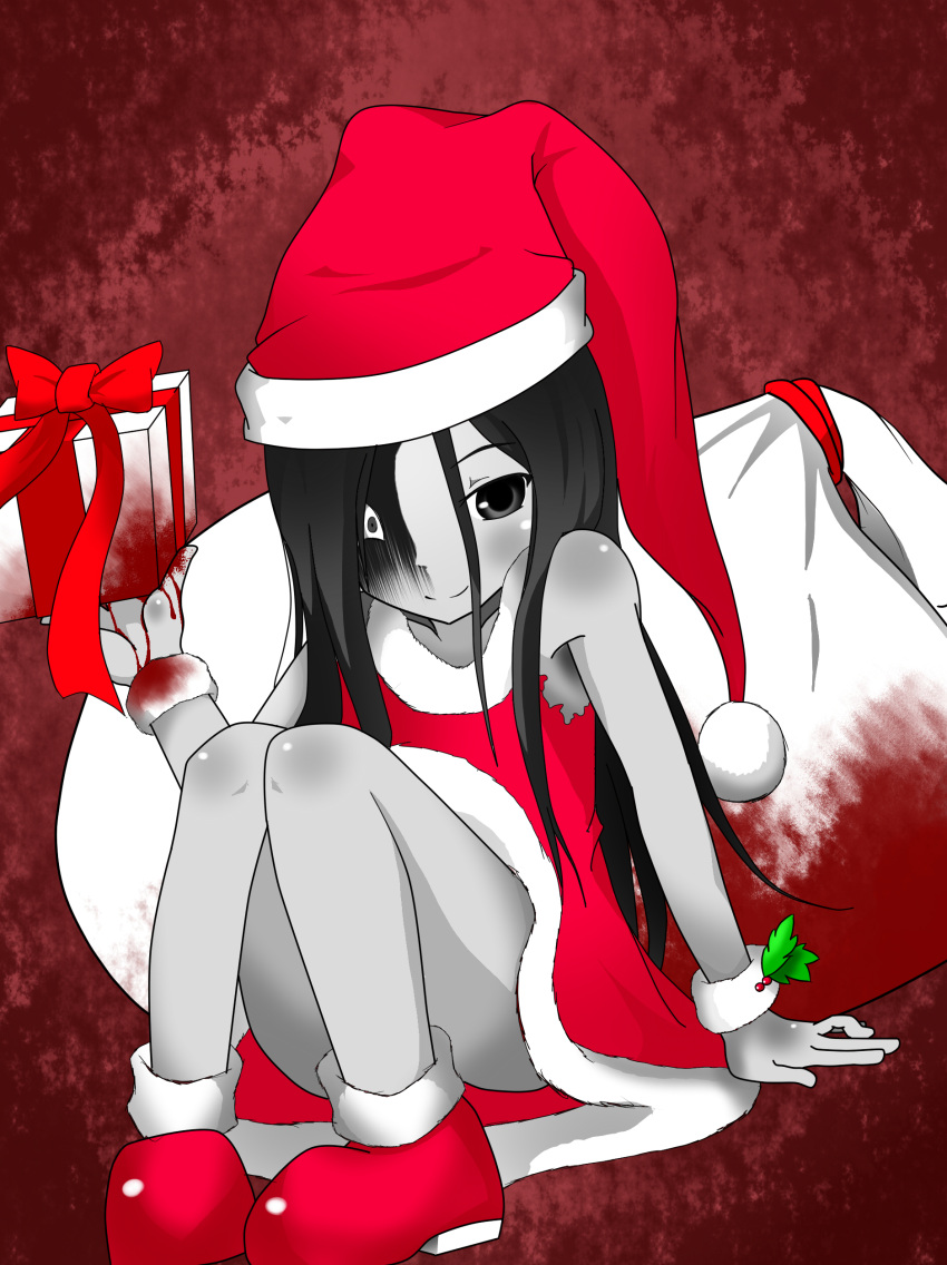 1girl absurdres armpits bag bangs bare_shoulders black_eyes black_hair blood constricted_pupils corpse_party gift grey_skin hat highres long_hair looking_at_viewer payot red_ribbon ribbon santa_costume santa_hat shan_grila shinozaki_sachiko shiny shiny_skin sitting smile solo wristband