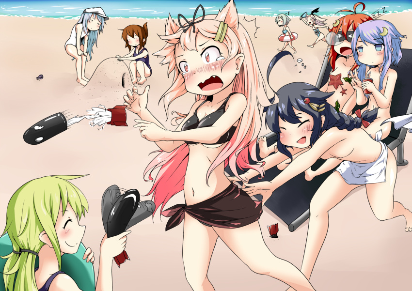 6+girls ahoge beach braid censored convenient_censoring crescent_hair_ornament crying crying_with_eyes_open expressive_hair fang folded_ponytail hair_ornament hairclip hamakaze_(kantai_collection) hibiki_(kantai_collection) inazuma_(kantai_collection) kantai_collection long_hair multiple_girls musical_note nose_bubble quaver red_eyes ribbon sarong satsuki_(kantai_collection) school_swimsuit shigure_(kantai_collection) shimakaze_(kantai_collection) sokutenkun swimsuit tears uzuki_(kantai_collection) white_school_swimsuit white_swimsuit yayoi_(kantai_collection) yuudachi_(kantai_collection) zzz