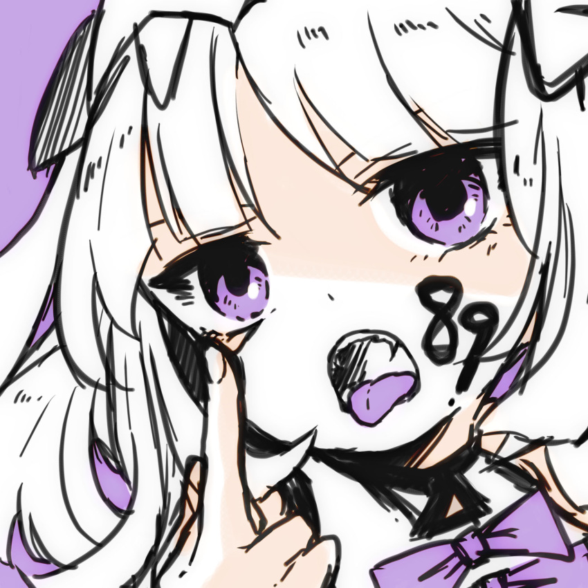 1girl bow bust facepaint fangs fingernails hair_ornament haku_(p&amp;d) highres long_hair middle_finger number open_mouth pikomarie purple_background purple_bow puzzle_&amp;_dragons simple_background solo tongue tongue_out tsurime violet_eyes white_hair