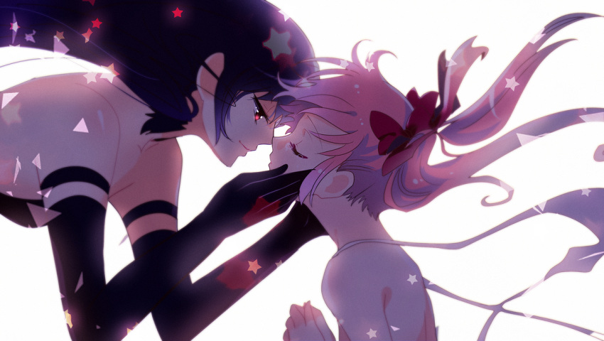 2girls akemi_homura akuma_homura bare_shoulders black_gloves black_hair bow choker closed_eyes dress elbow_gloves gloves hair_bow hand_on_another's_cheek hand_on_another's_face incipient_kiss jeran_(ggokd) kaname_madoka long_hair looking_at_another mahou_shoujo_madoka_magica mahou_shoujo_madoka_magica_movie multiple_girls pink_hair short_hair short_twintails simple_background smile spoilers star twintails violet_eyes white_background yuri