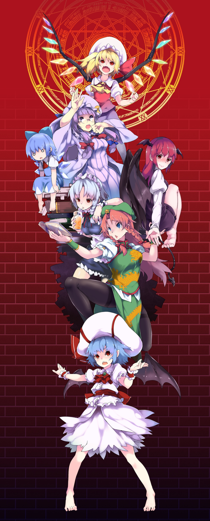 6+girls absurdres ascot bare_legs barefoot bespectacled black_legwear blonde_hair blue_eyes blue_hair book bow braid brick chinese_clothes cirno demon_tail drinking flandre_scarlet glass glasses hair_bow hand_on_ass hat hat_ribbon head_wings highres hong_meiling izayoi_sakuya koakuma long_hair long_sleeves magic_circle maid maid_headdress multiple_girls open_book open_mouth pantyhose patchouli_knowledge purple_hair red_eyes redhead remilia_scarlet ribbon short_hair side_ponytail silver_hair sinchi sitting skirt skirt_set tail touhou twin_braids violet_eyes wings wrist_cuffs