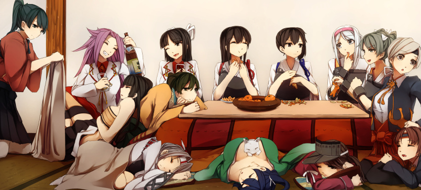 akagi_(kantai_collection) alcohol bangs black_hair blanket blunt_bangs blush bottle breast_rest breasts brown_eyes brown_hair cat chitose_(kantai_collection) chiyoda_(kantai_collection) closed_eyes eating food fruit grin hair_ribbon hand_on_head headband highres hiryuu_(kantai_collection) hiyou_(kantai_collection) houshou_(kantai_collection) japanese_clothes jun'you_(kantai_collection) kaga_(kantai_collection) kantai_collection kotatsu kyouya_(mukuro238) long_hair lying multiple_girls muneate neckerchief on_stomach open_mouth orange personification ponytail ribbon ryuujou_(kantai_collection) short_hair short_sleeves shouhou_(kantai_collection) shoukaku_(kantai_collection) side_ponytail silver_hair sitting sleeping smile souryuu_(kantai_collection) table thighhighs twintails wink zuihou_(kantai_collection) zuikaku_(kantai_collection)