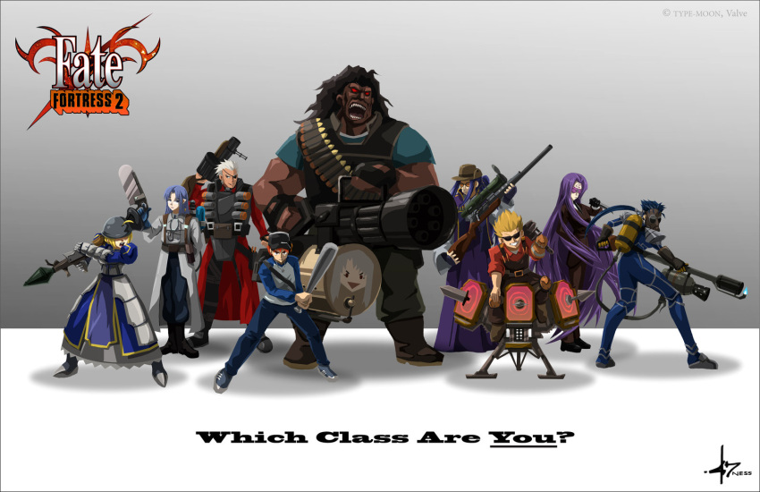 ahoge archer assassin berserker blonde_hair blue_hair caster emiya_shirou fate/stay_night gilgamesh lancer parody purple_hair redhead rider saber team_fortress_2 the_demoman the_engineer the_heavy the_medic the_pyro the_scout the_sniper the_soldier the_spy