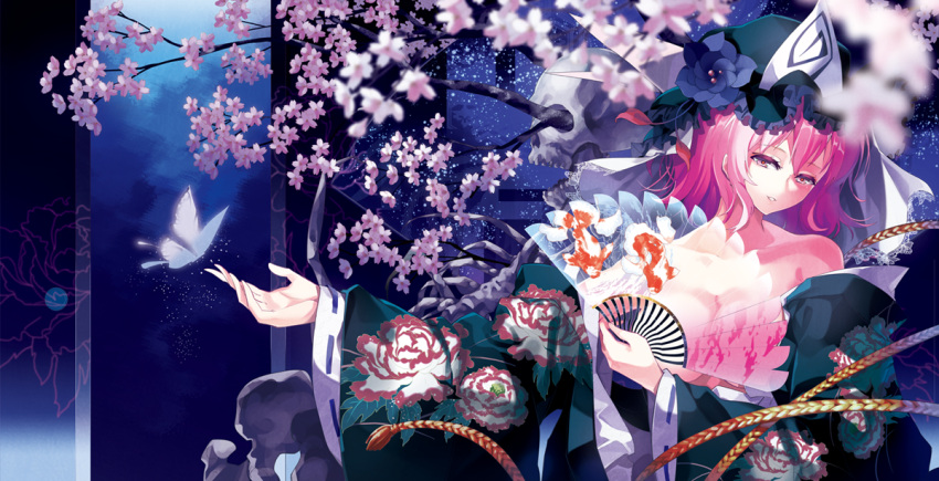 1girl alternate_costume breasts butterfly cherry_blossoms cleavage covering covering_breasts dress fan floral_print folding_fan hat japanese_clothes large_breasts lo_bra long_sleeves looking_at_viewer off_shoulder open_dress outstretched_arm pink_eyes pink_hair saigyouji_yuyuko see-through short_hair skull smile solo touhou tree triangular_headpiece tsurukame veil wide_sleeves