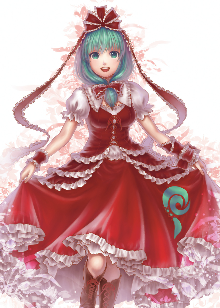 1girl :d aqua_eyes aqua_hair arm_ribbon boots breasts brown_boots corset cross-laced_footwear dress floral_background frilled_dress frills front_ponytail hair_ribbon highres kageharu kagiyama_hina knee_boots looking_at_viewer open_mouth puffy_short_sleeves puffy_sleeves red_dress ribbon short_sleeves skirt_hold smile solo touhou white_background wrist_cuffs