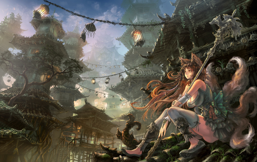 1girl animal_ears architecture bare_shoulders breasts broken brown_eyes brown_hair cleavage corset denki detached_sleeves dress east_asian_architecture fox_ears fox_tail frilled_dress frills green_dress hair_tubes huge_breasts ivy kitsune kyuubi lantern long_hair makeup moss original overgrown red_nails roots scenery shoes short_dress sitting sky solo staff stairs tail thigh-highs tree very_long_hair youkai