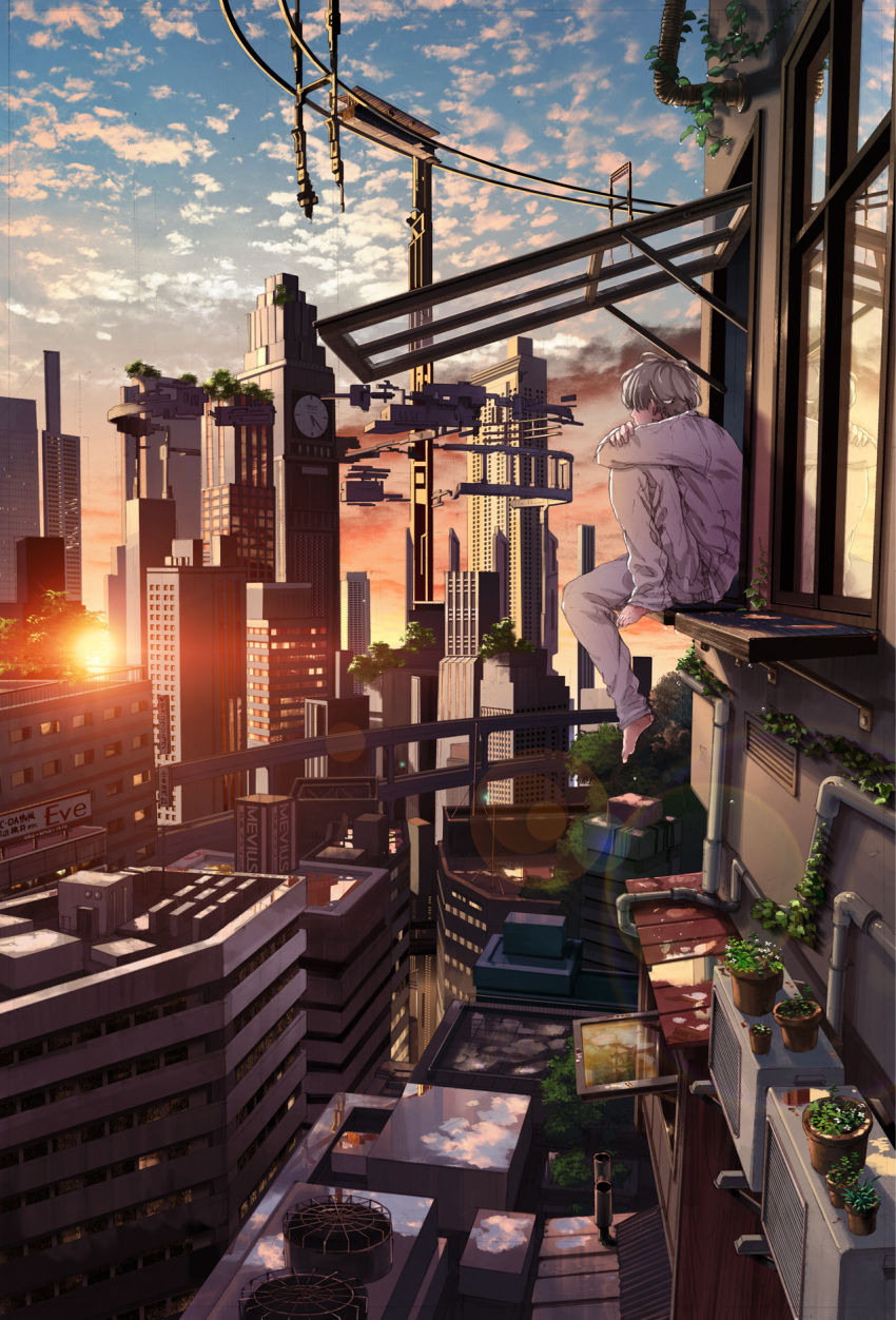 1boy air_conditioner album_cover building chimney city clouds cover fan grey_hair hands_on_knees highres kurono_kuro lens_flare original pipes plant potted_plant reflection rooftop scenery sitting sky train_station white_hair window windowsill