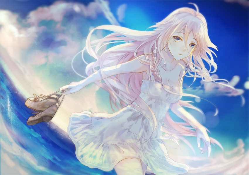 1girl ahoge blue_eyes braid breasts cleavage clouds dress holding holding_shoes ia_(vocaloid) long_hair looking_at_viewer off_shoulder pink_hair soriku twin_braids vocaloid water white_dress