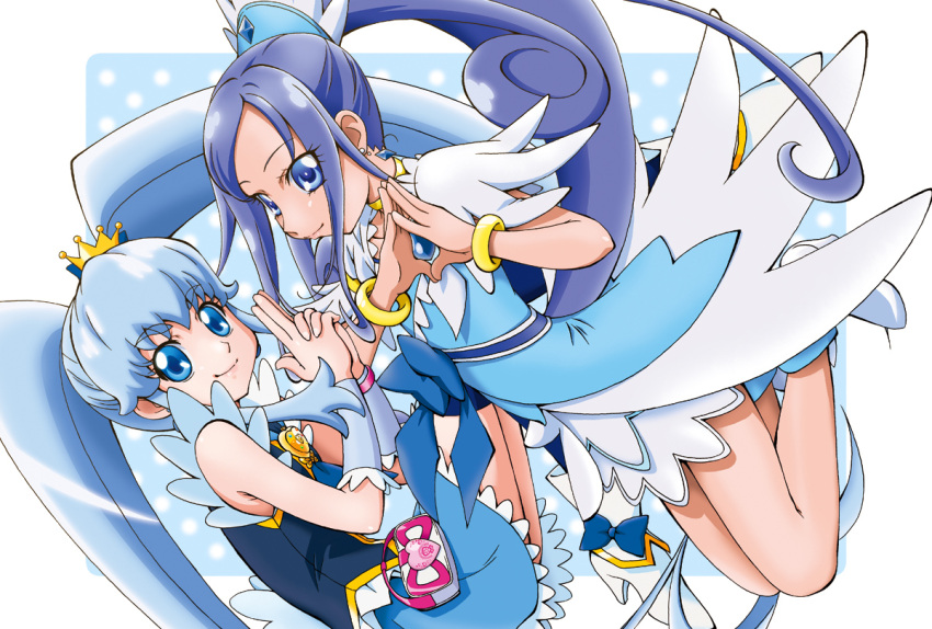 2girls blue_eyes blue_hair blue_skirt boo_(takagi) choker color_connection crown cure_diamond cure_princess curly_hair diamond_hands dokidoki!_precure earrings happinesscharge_precure! hishikawa_rikka jewelry long_hair magical_girl mini_crown multiple_girls payot ponytail precure shirayuki_hime shoes skirt smile twintails