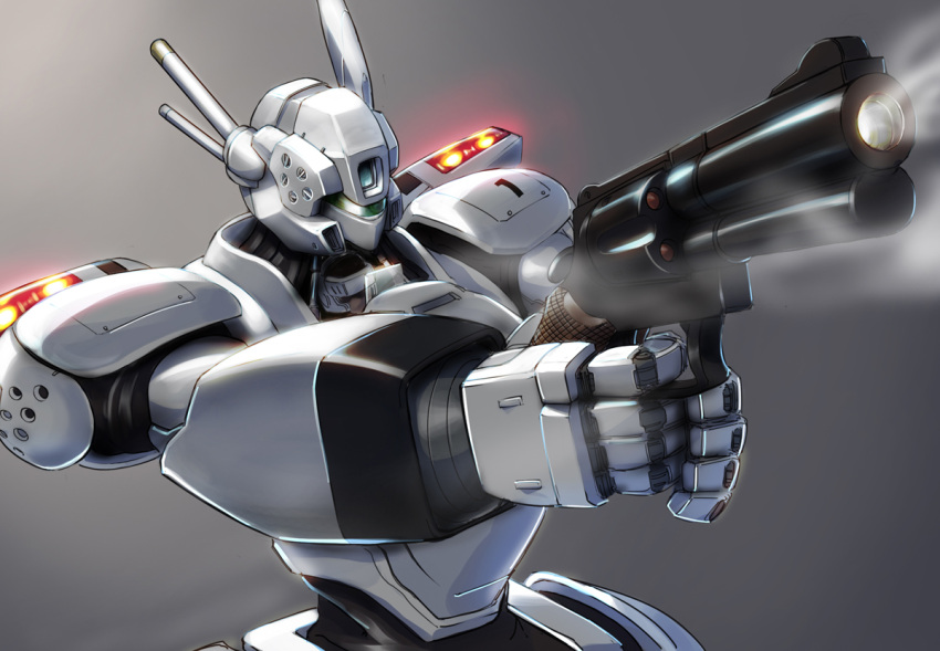 aiming av-98_ingram gun kidou_keisatsu_patlabor mecha police revolver science_fiction smoke solo solokov_(okb-999) weapon