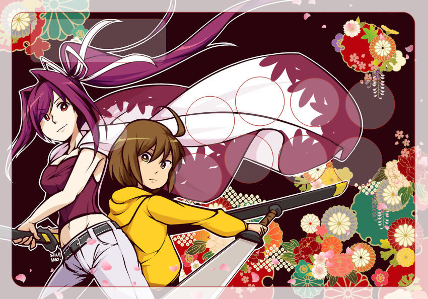 2girls ahoge arcade_stick back-to-back battoujutsu_stance breasts brown_eyes brown_hair cape cherry_blossoms cleavage controller fighting_stance game_controller hair_intakes hair_ribbon hand_on_hip hood_down hoodie joystick linne long_hair lyn_(shunao) multiple_girls nodachi ponytail purple_hair red_eyes reverse_grip ribbon sword template under_night_in-birth very_long_hair weapon yuzuriha_(under_night_in-birth)