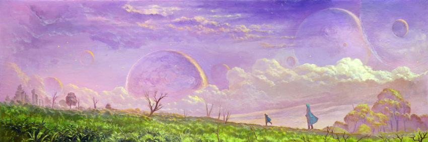 cloak clouds grass kio_naoki moon multiple_moons nature original purple_sky scenery sky traditional_media tree