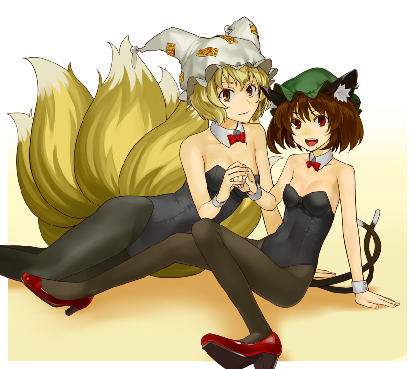 2girls animal_ears bare_arms bare_shoulders black_legwear blonde_hair bow bowtie breasts bunnysuit cat_ears cat_tail chen choker cleavage covered_navel detached_collar fox_ears fox_tail hands_together hat high_heels hyounosen_ena leotard lips long_hair looking_at_viewer mound_of_venus multiple_girls multiple_tails navel open_mouth pantyhose pillow_hat red_ribbon red_shoes ribbon shoes sitting small_breasts smile tail touhou wrist_cuffs yakumo_ran yellow_eyes