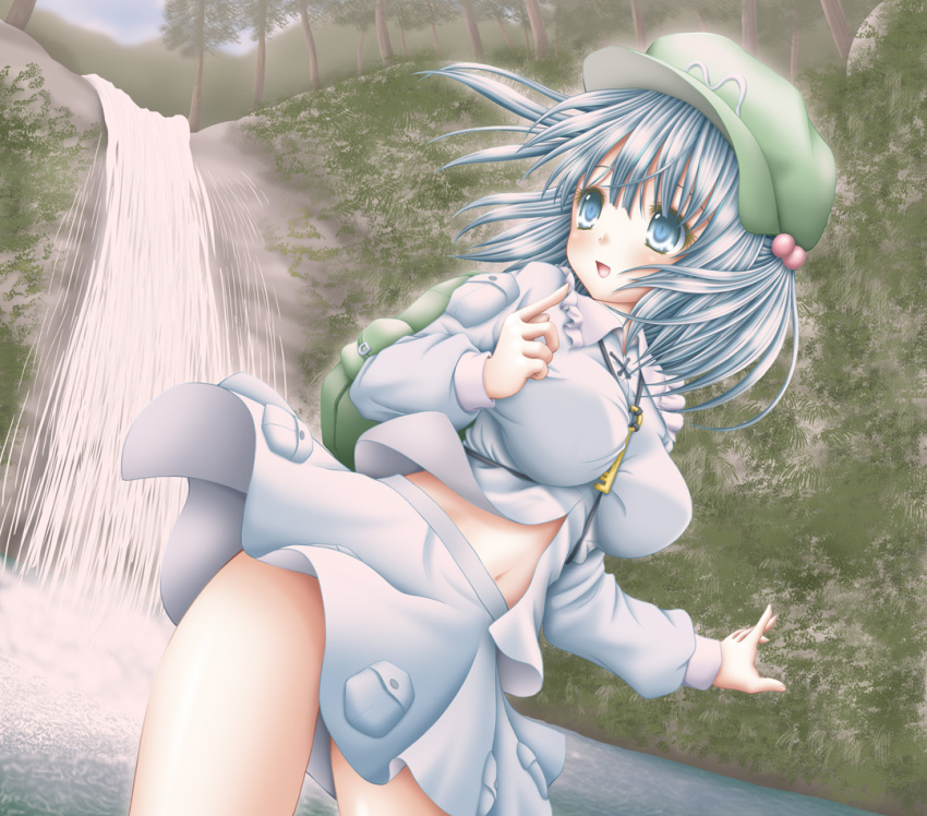 1girl :d akino_irori backpack bag between_breasts blue_eyes blue_hair blush breasts hair_bobbles hair_ornament hat kawashiro_nitori key large_breasts open_mouth river short_hair short_twintails skirt skirt_set smile solo touhou twintails water waterfall