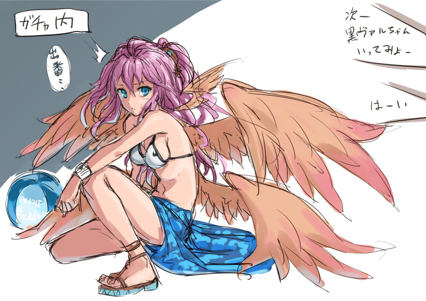 1girl ahoge angel angel_wings archangel_metatron_(p&amp;d) ball beachball bikini blue_eyes bracer feathered_wings full_body highres long_hair midriff multiple_wings navel open_mouth pink_hair ponytail puma_(hyuma1219) puzzle_&amp;_dragons sandals sarong solo squatting sweatdrop swimsuit text towel translation_request wavy_hair white_bikini white_swimsuit wings