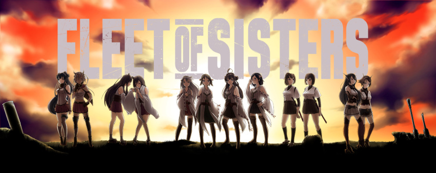 6+girls adjusting_glasses ahoge band_of_brothers bare_shoulders black_hair black_legwear boots brown_hair budget_sarashi crossed_arms detached_sleeves double_bun dusk elbow_gloves fusou_(kantai_collection) glasses gloves hair_ornament hairband haruna_(kantai_collection) headgear hiei_(kantai_collection) highres hyuuga_(kantai_collection) ise_(kantai_collection) japanese_clothes kantai_collection katana kirishima_(kantai_collection) kneehighs kongou_(kantai_collection) lace lace-trimmed_thighhighs long_hair midriff multiple_girls musashi_(kantai_collection) mutsu_(kantai_collection) nagato_(kantai_collection) nontraditional_miko parody pleated_skirt ponytail red_skirt sailor_collar sarashi shintani_kyou short_hair skirt sword thigh-highs thigh_boots title_parody twintails weapon yamashiro_(kantai_collection) yamato_(kantai_collection) zettai_ryouiki