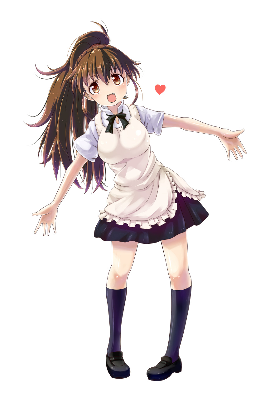 1girl absurdres apron breasts brown_eyes brown_hair fang highres loafers long_hair open_mouth ponytail shoes smile solo taneshima_popura waitress working!!