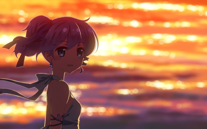 1girl armlet bare_shoulders blue_eyes casual dj_max dj_max_portable earrings evening highres jewelry ladymade_star open_mouth ponytail purple_hair side_ponytail solo strap_gap tagme yuuki_tatsuya