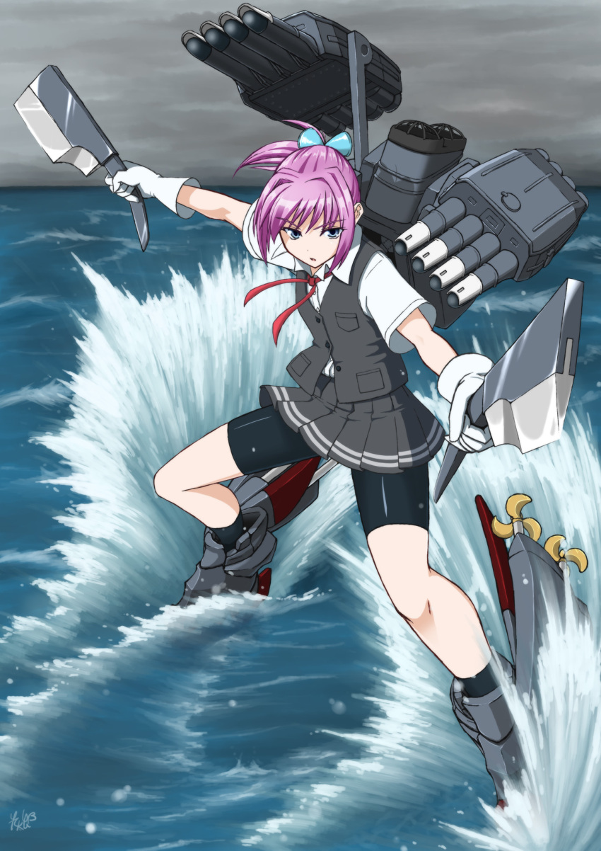 1girl bike_shorts blue_eyes cleaver dual_wielding gloves hair_bobbles hair_ornament highres kantai_collection koutarou_(plusdrive) machinery open_mouth pink_hair ponytail propeller ribbon shiranui_(kantai_collection) shorts_under_skirt skirt solo torpedo