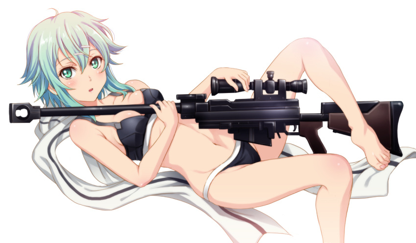 1girl aqua_eyes aqua_hair bare_legs bare_shoulders barefoot between_breasts black_bra black_panties blush bra gun hair_between_eyes hair_ornament hairclip leg_up lying navel open_mouth panties pgm_hecate_ii rifle scarf shian_(my_lonly_life.) shinon_(sao) short_hair simple_background sniper_rifle solo sword_art_online underwear underwear_only weapon white_background