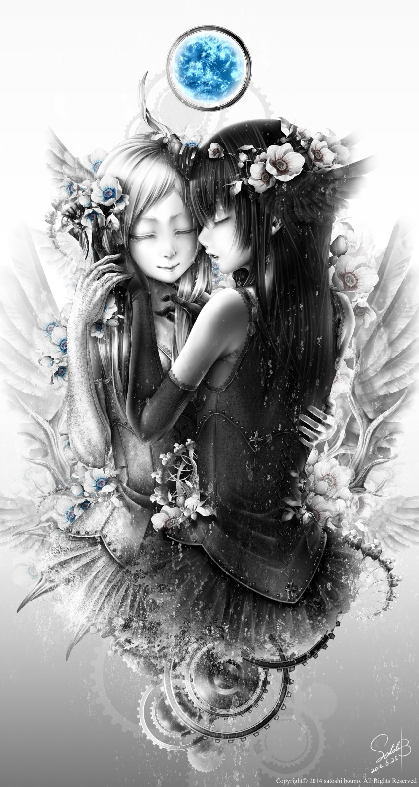 2girls absurdres black_hair bouno_satoshi bubble closed_eyes dated flower hair_flower hair_ornament highres lips long_hair monochrome multiple_girls original parted_lips signature spot_color tears white_background
