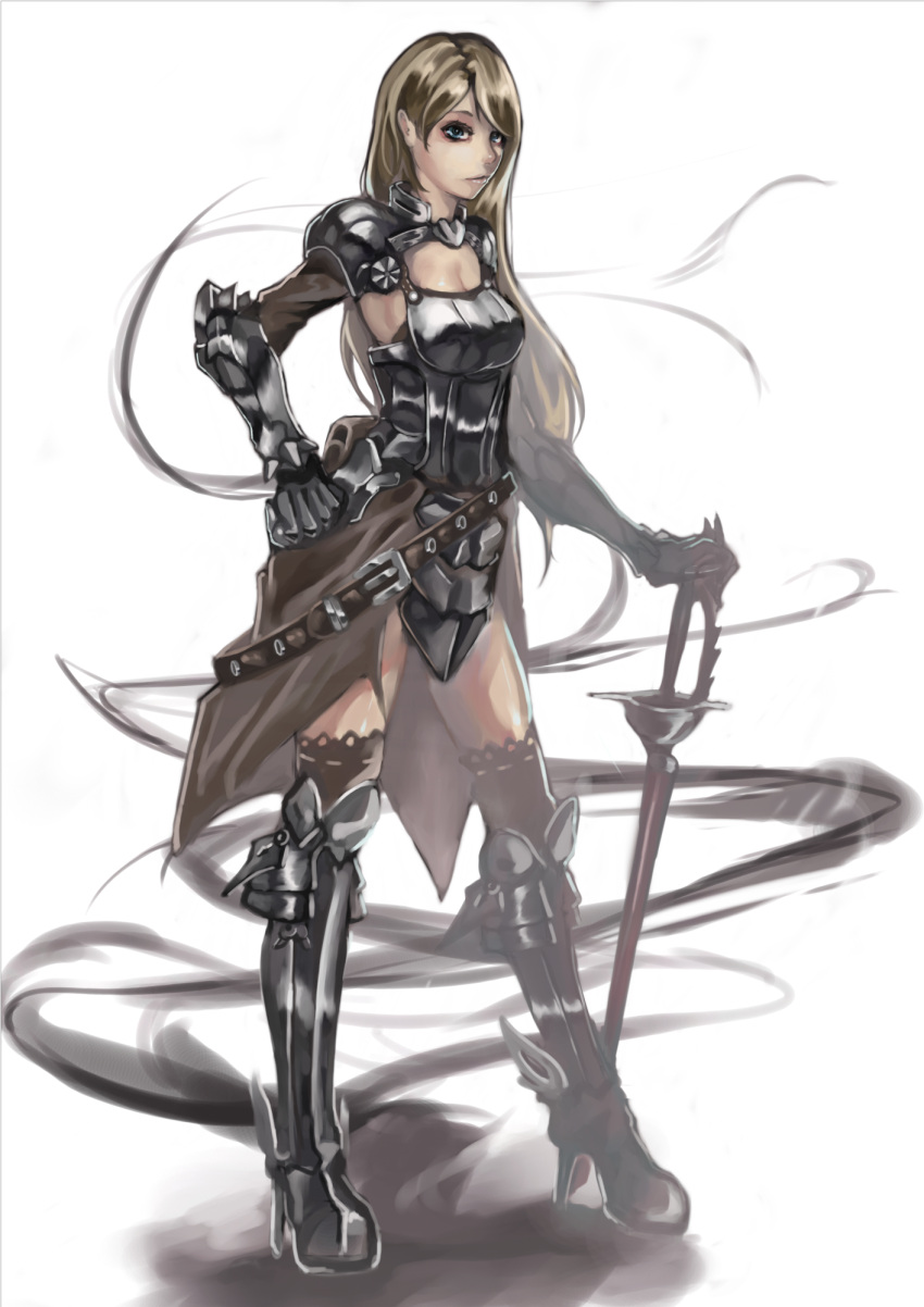 1girl ankle_wings armor belt blonde_hair blue_eyes breastplate full_body gauntlets greaves hand_on_hip high_heels highres long_hair looking_at_viewer original pauldrons planted_sword planted_weapon showgirl_skirt solo standing sword thigh-highs weapon yoshi_hiro