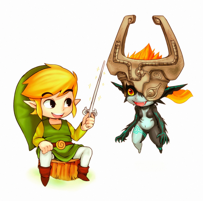 1boy 1girl black_eyes blonde_hair crossover fang hat helmet highres imp link long_hair mato_spectoru midna neon_trim no_nipples nude one_eye_covered orange_hair pointy_ears red_eyes sitting small_breasts smile the_legend_of_zelda toon_link tree_stump twilight_princess two-tone_skin wand wind_waker yellow_sclera