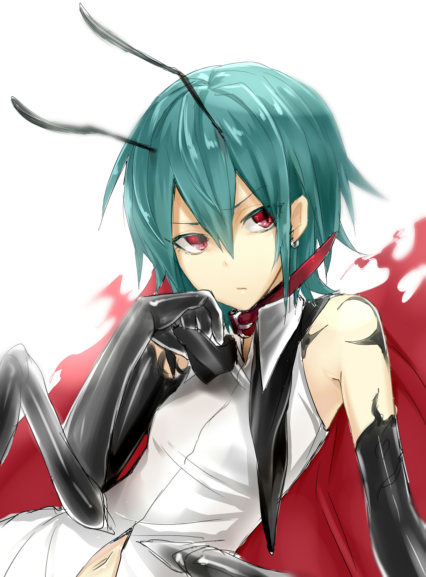 1girl absurdres antennae bifrst black_gloves cape earrings elbow_gloves gloves green_hair highres jewelry latex_gloves looking_at_viewer navel red_eyes sketch sleeveless sleeveless_shirt solo touhou wriggle_nightbug