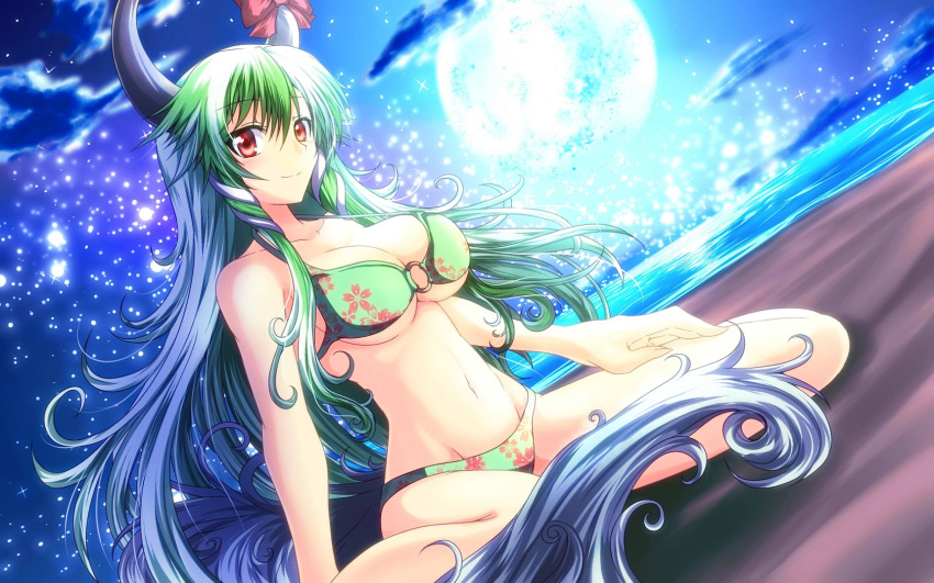 1girl bad_hands beach bikini breasts cleavage collarbone desukingu ex-keine full_moon green_hair highres horns kamishirasawa_keine long_hair looking_at_viewer moon moonlight navel night o-ring_top red_eyes sitting smile solo strap_gap swimsuit touhou wariza