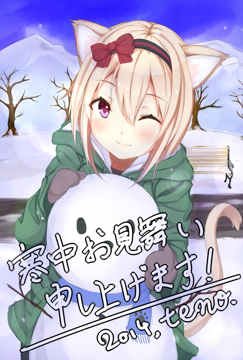 1girl 96tuki animal_ears cat_ears cat_tail coat fang hair_ornament hairband highres light_brown_hair looking_at_viewer mittens one_eye_closed original pink_eyes scarf short_hair snow snowman solo tagme tail translation_request