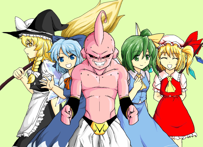 1boy 4girls baggy_pants blonde_hair blue_eyes blue_hair bow broom cirno crossover crystal daiyousei dragon_ball dragon_ball_z dress evil_smile flandre_scarlet green_eyes green_hair hair_bow hair_ribbon happy hat ice ice_wings kaiteki_(gk428425) kirisame_marisa long_hair majin_buu multiple_girls pants pink_skin puffy_sleeves red_eyes ribbon short_hair side_ponytail smile touhou vampire vest wings witch_hat yellow_eyes