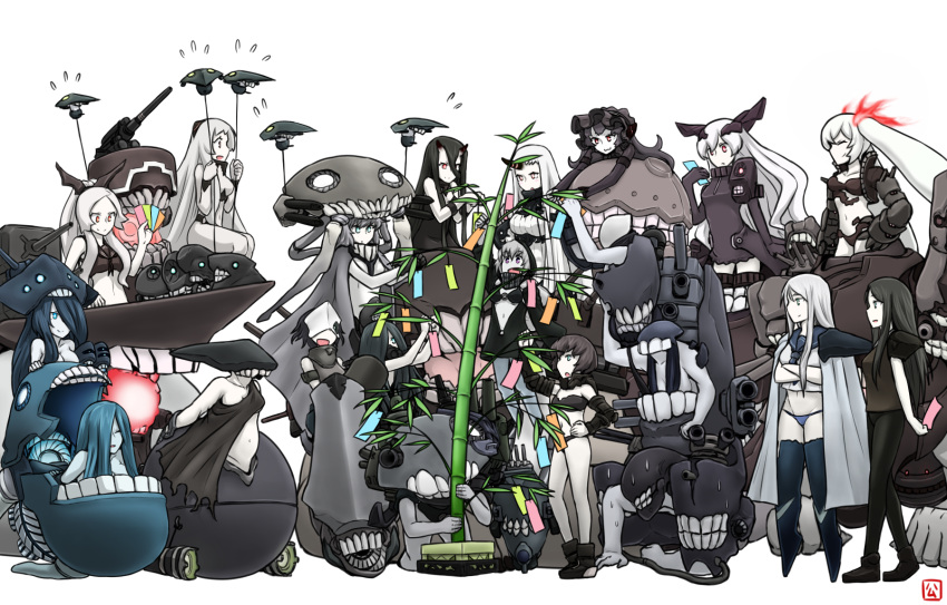 6+girls :3 ^_^ airfield_hime anchorage_oni aqua_eyes arm_guards armored_aircraft_carrier_oni arms_behind_back bamboo bare_shoulders battleship-symbiotic_hime bikini black_bikini black_dress black_hair bodysuit bonnet cannon cape carrying chi-class_torpedo_cruiser closed_eyes crop_top crossed_arms dress elbow_gloves enemy_aircraft_(kantai_collection) floating_fortress_(kantai_collection) gauntlets gloves gothic_lolita ha-class_destroyer hair_between_eyes hair_over_one_eye hamu_koutarou hand_on_hip hat he-class_light_cruiser headgear high_ponytail highres ho-class_light_cruiser holding hoodie horn horns i-class_destroyer isolated_island_oni jacket ka-class_submarine kantai_collection lolita_fashion long_hair long_ponytail mask multiple_girls neckerchief ni-class_destroyer nu-class_light_aircraft_carrier o-ring_top open_clothes open_jacket overskirt pale_skin ponytail re-class_battleship red_eyes ri-class_heavy_cruiser ro-class_destroyer ru-class_battleship scarf school_uniform seaport_hime serafuku shinkaisei-kan short_hair shoulder_carry sitting sitting_on_person smile so-class_submarine southern_ocean_war_oni striped striped_scarf sweat swimsuit ta-class_battleship tanabata tanzaku to-class_light_cruiser tubetop turret twintails tying unzipped wa-class_transport_ship white_background white_hair wo-class_aircraft_carrier yo-class_submarine