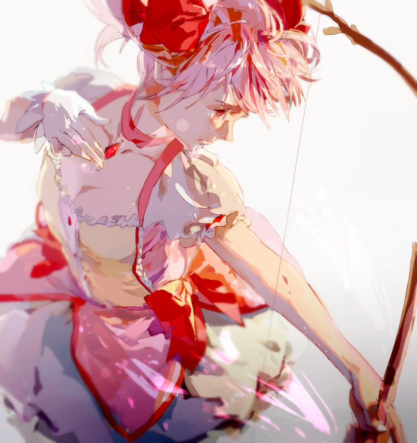 1girl bow bow_(weapon) brooch choker gloves hair_bow highres iceiceic jewelry kaname_madoka magical_girl mahou_shoujo_madoka_magica pink_eyes pink_hair short_hair skirt solo weapon white_gloves