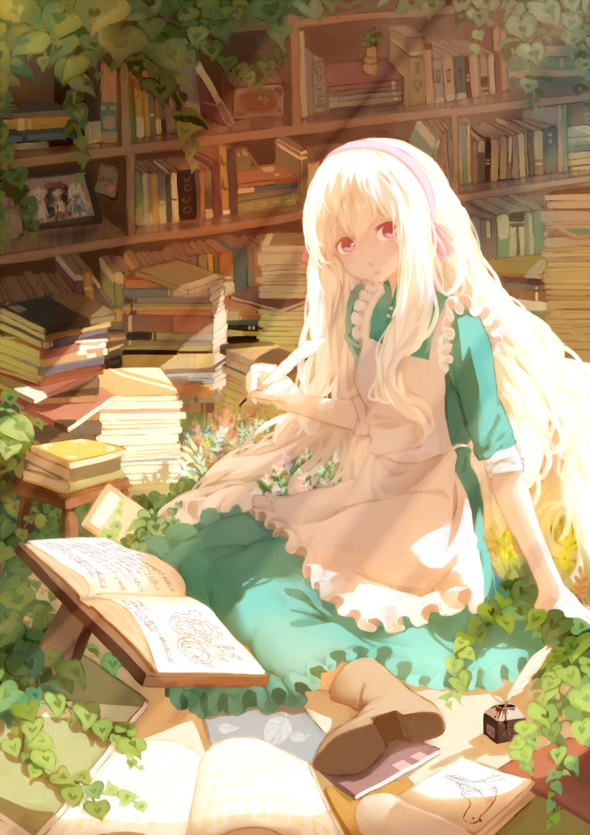 1girl absurdres apron arm_support blonde_hair book book_stack bookshelf boots dress expressionless flower frilled_dress frills hair_ribbon highres inkwell ivy kagerou_project kozakura_mary light_rays long_hair looking_at_viewer overgrown pale_skin quill red_eyes ribbon sitting sleeves_pushed_up spencer_sais very_long_hair writing yokozuwari