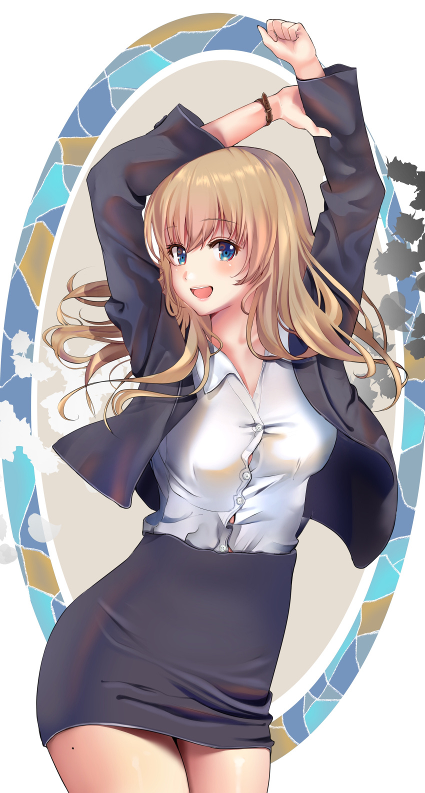 1girl :d absurdres arms_up bangs black_jacket black_skirt blonde_hair blue_eyes blush breasts button_gap commentary_request cowboy_shot eyebrows_visible_through_hair hair_between_eyes highres inushima jacket long_hair long_sleeves looking_at_viewer medium_breasts miniskirt mole mole_on_thigh office_lady open_clothes open_jacket open_mouth original pencil_skirt shirt skirt smile solo standing thighs white_background white_shirt