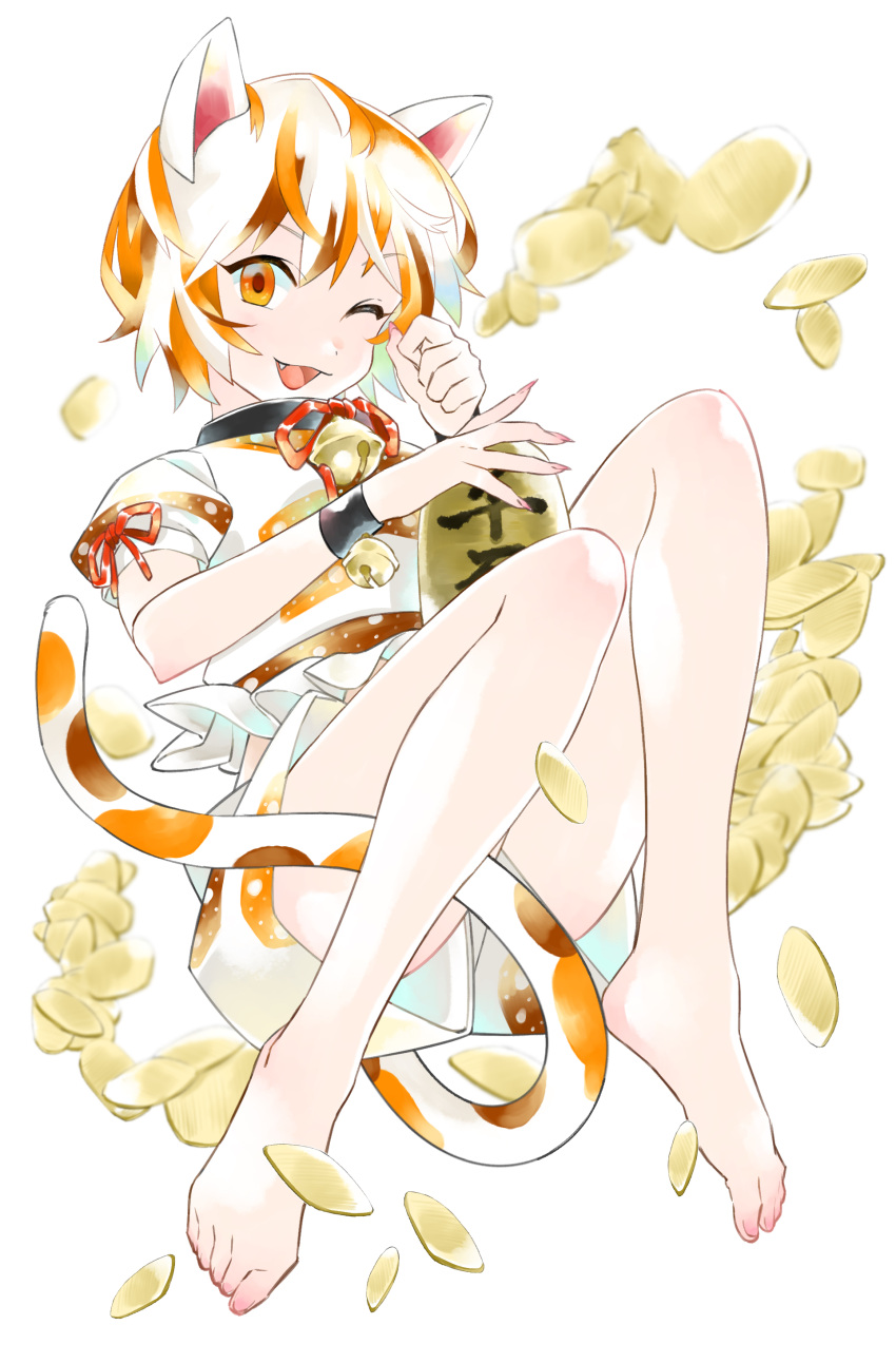 1girl absurdres animal_ears artist_request bangs barefoot bell calico cat_ears cat_girl cat_tail coin crop_top fang fingernails full_body gold goutokuji_mike highres jingle_bell koban_(gold) maneki-neko midriff multicolored_clothes multicolored_hair multicolored_shirt multicolored_shorts multicolored_tail neck_bell one_eye_closed open_clothes orange_eyes patches patchwork_clothes red_ribbon ribbon sharp_fingernails short_hair shorts simple_background streaked_hair tail touhou white_background white_hair