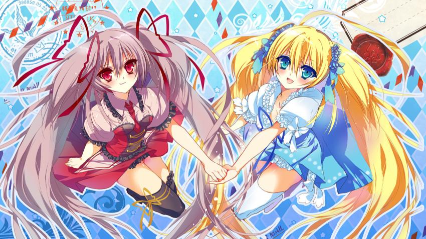 2girls :d black_legwear blonde_hair blue_eyes bow breasts brown_hair copyright_request from_above hair_bow hair_ornament hair_ribbon hayata_aya holding_hands long_hair looking_at_viewer looking_up multiple_girls open_mouth pleated_skirt red_eyes ribbon s.i.s.t.a.r.s:_kiss_of_trinity skirt smile tagme thigh-highs twintails white_legwear zettai_ryouiki