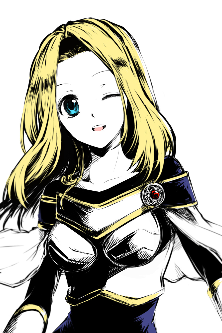 1girl blonde_hair blue_eyes breasts hal-13 highres league_of_legends luxanna_crownguard one_eye_closed simple_background solo white_background
