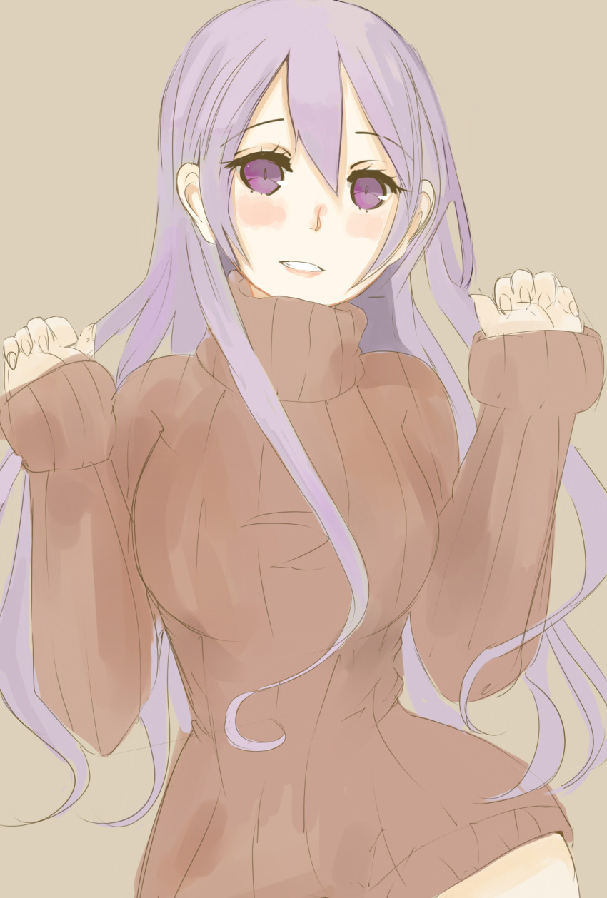 1girl atelier_(series) blush breasts contrapposto drawfag highres long_hair naked_sweater pamela_ibiss purple_hair ribbed_sweater smile solo sweater turtleneck violet_eyes