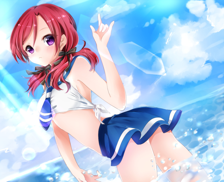 1girl \m/ blush clouds crop_top hair_ribbon horon5151 lens_flare light_rays long_hair looking_at_viewer looking_back love_live!_school_idol_project necktie nishikino_maki redhead ribbon sailor_collar skirt sky solo sunbeam sunlight taut_clothes taut_shirt tied_shirt violet_eyes wading water