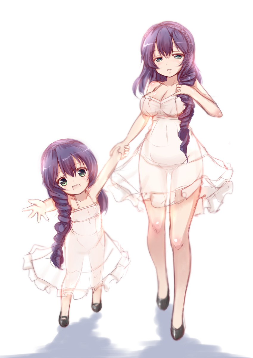 2girls absurdres blush breasts cleavage dress highres holding_hands if_they_mated long_hair looking_at_viewer love_live!_school_idol_project mother_and_daughter multiple_girls outstretched_hand purple_hair see-through sketch toujou_nozomi white_background zheyi_parker