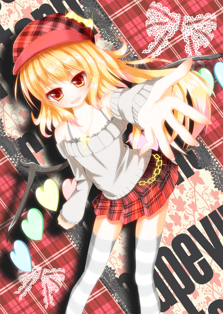 1girl :d alternate_costume alternate_hairstyle blonde_pubic_hair casual collarbone cross cross_necklace flandre_scarlet hat highres leaning_forward long_hair looking_at_viewer open_mouth plaid plaid_skirt pleated_skirt reaching red_eyes skirt smile solo striped striped_legwear tagme thigh-highs touhou wings yuimari zettai_ryouiki