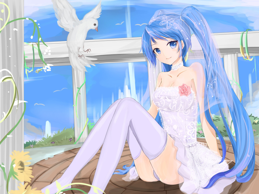 1girl bare_shoulders bird blue_eyes blue_hair breasts bridal_veil cleavage commentary dress flower highres kinom_(sculpturesky) large_breasts league_of_legends long_hair looking_at_viewer panties rose sitting smile solo sona_buvelle strapless_dress thigh-highs twintails underwear veil very_long_hair wedding_dress white_dress
