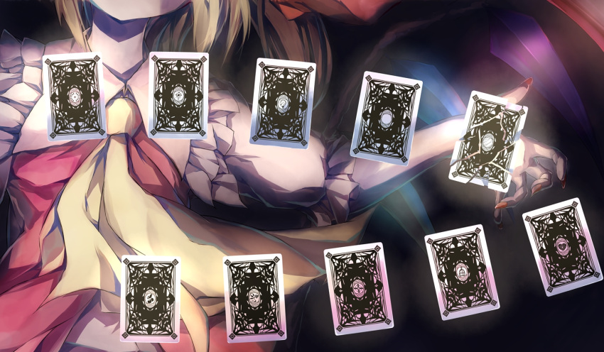 1girl ascot blonde_hair card fingernails flandre_scarlet frilled_collar frills head_out_of_frame midriff murachiki nail_polish navel out_of_frame outstretched_arms puffy_short_sleeves puffy_sleeves red_fingernails sharp_fingernails short_sleeves side_ponytail solo touhou wings