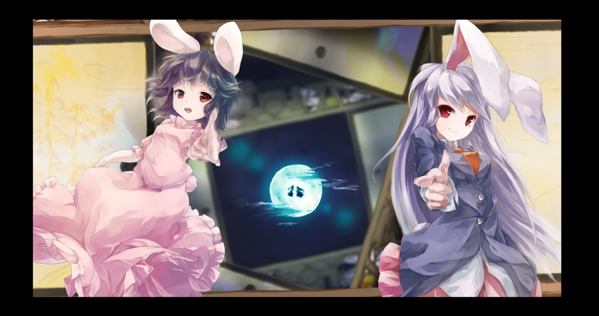 2girls aiming_at_viewer animal_ears arm_up blazer blush brown_hair carrot carrot_necklace clouds cloudy_sky dress dress_shirt finger_gun full_moon inaba_tewi jacket jewelry long_hair long_sleeves looking_at_viewer moon multiple_girls murachiki necklace necktie night night_sky pendant pink_dress pleated_skirt pointing pointing_at_viewer puffy_short_sleeves puffy_sleeves purple_hair rabbit_ears red_eyes red_necktie reisen_udongein_inaba shirt short_hair short_sleeves skirt skirt_set sky smile touhou very_long_hair white_shirt